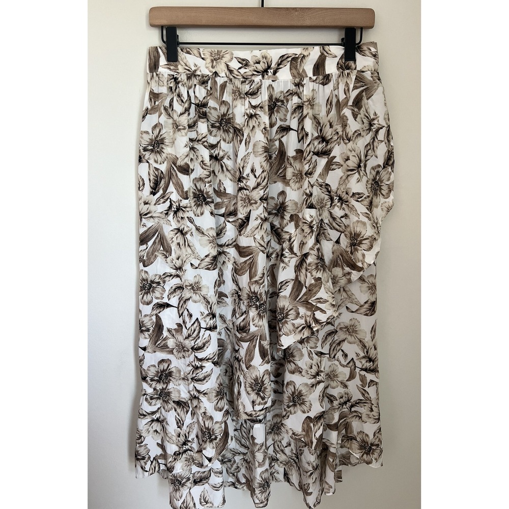 J.Jill Women's Size S Petite Silky Floral Faux Wrap Hi-Low Midi Skirt Neutral